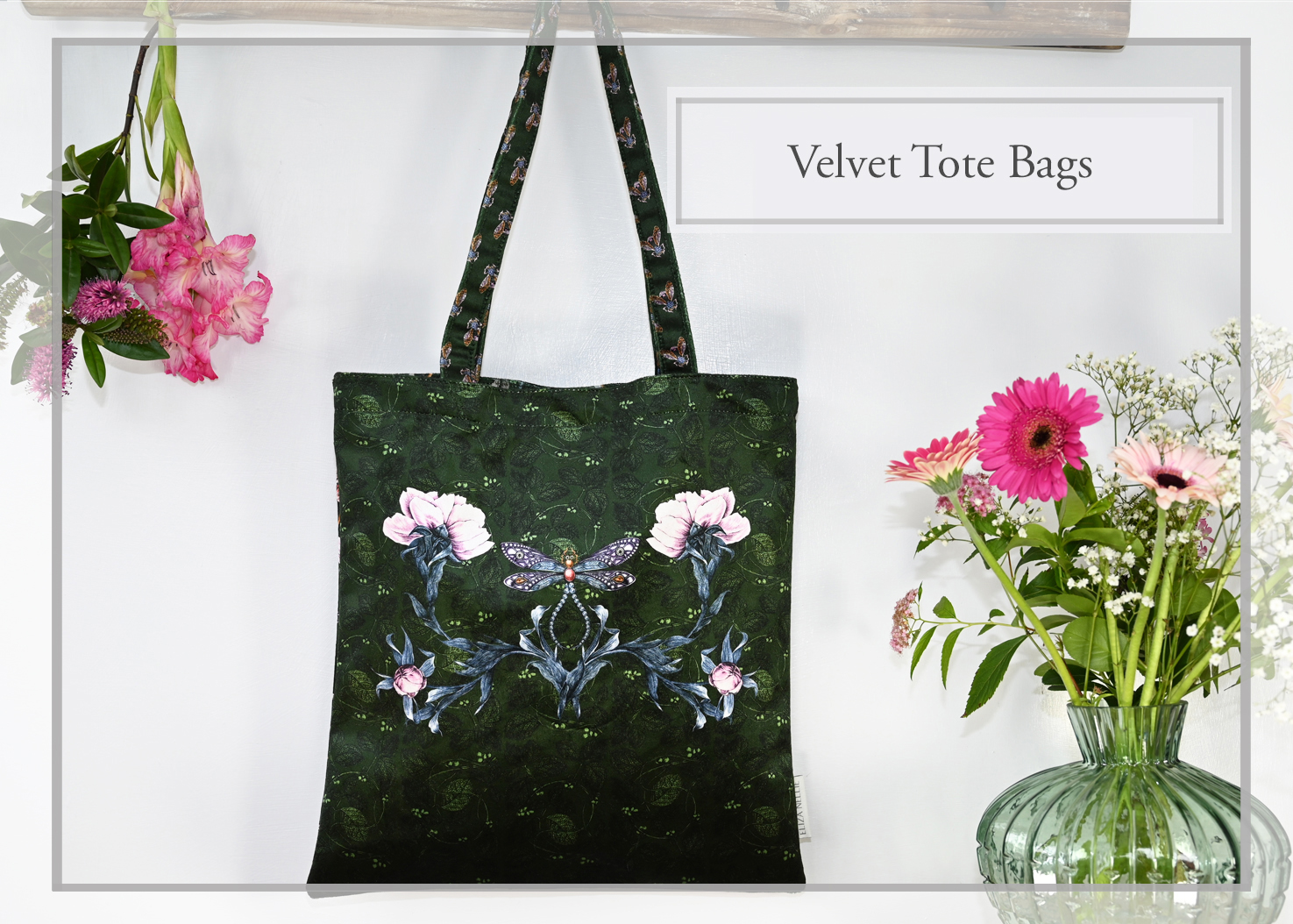 Velvet tote bags, made in the UK