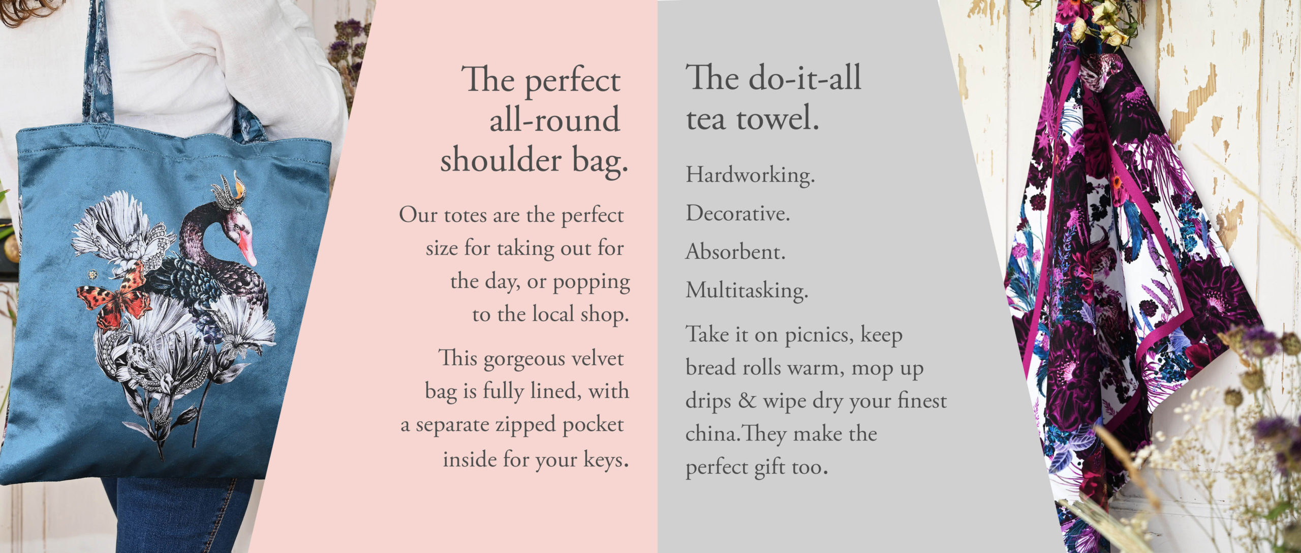 Tote shoulder bags and tea towels made in the UK