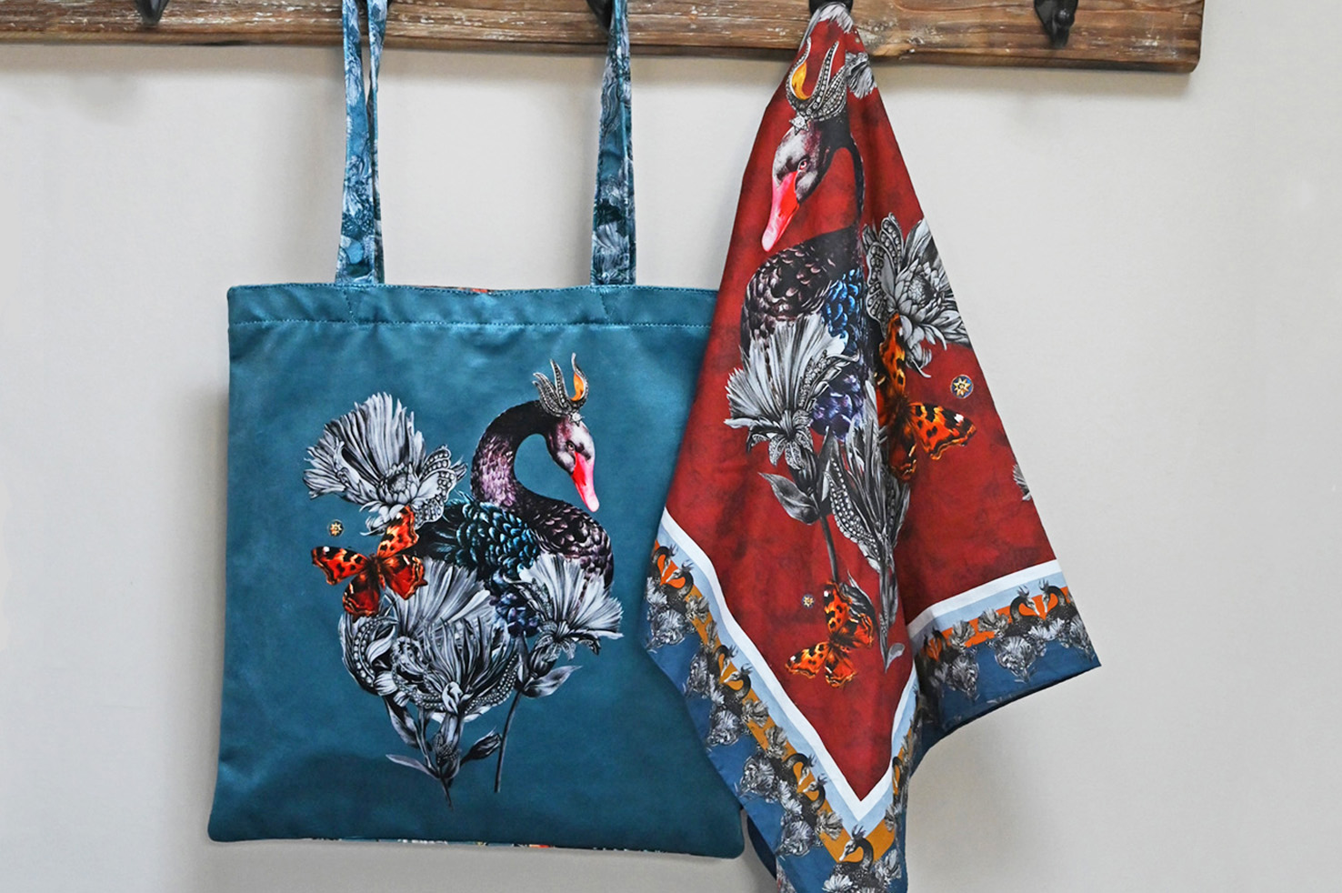blue swan bag and scarf